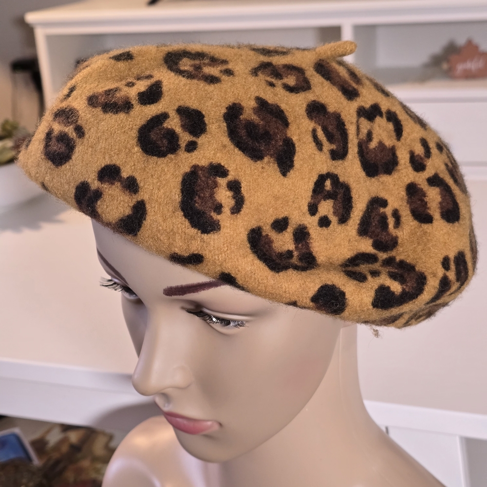 Leopard Print Beret Wool Blend  - Brown and Black